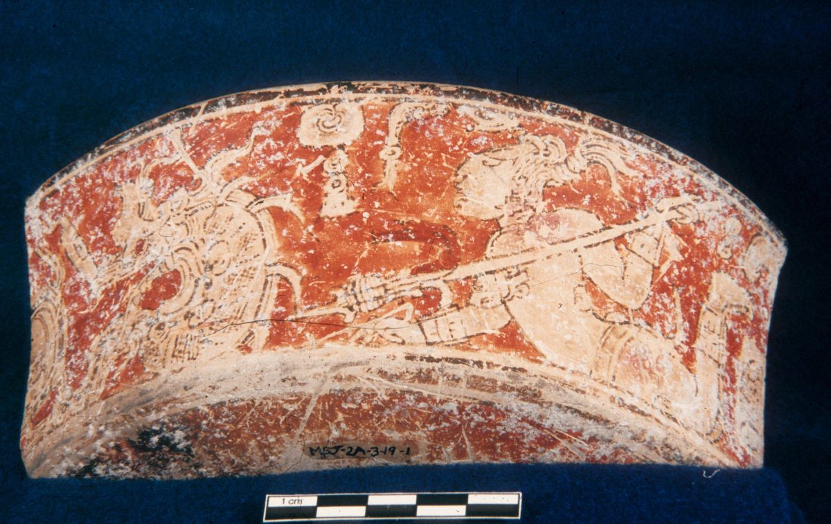 MSJ2A-3-19-1/motul:96 || Outcurved dish/bowl. Pink slip. Possible Red Background Polychrome. Two gods killing Shark.