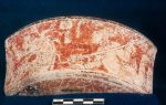 MSJ2A-3-19-1/motul:96 || Outcurved dish/bowl. Pink slip. Possible Red Background Polychrome. Two gods killing Shark.