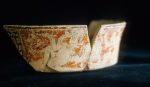 MSJ2A-3-19-1/motul:97 || Outcurved dish/bowl. Pink slip. Possible Red Background Polychrome. Two gods killing Shark.